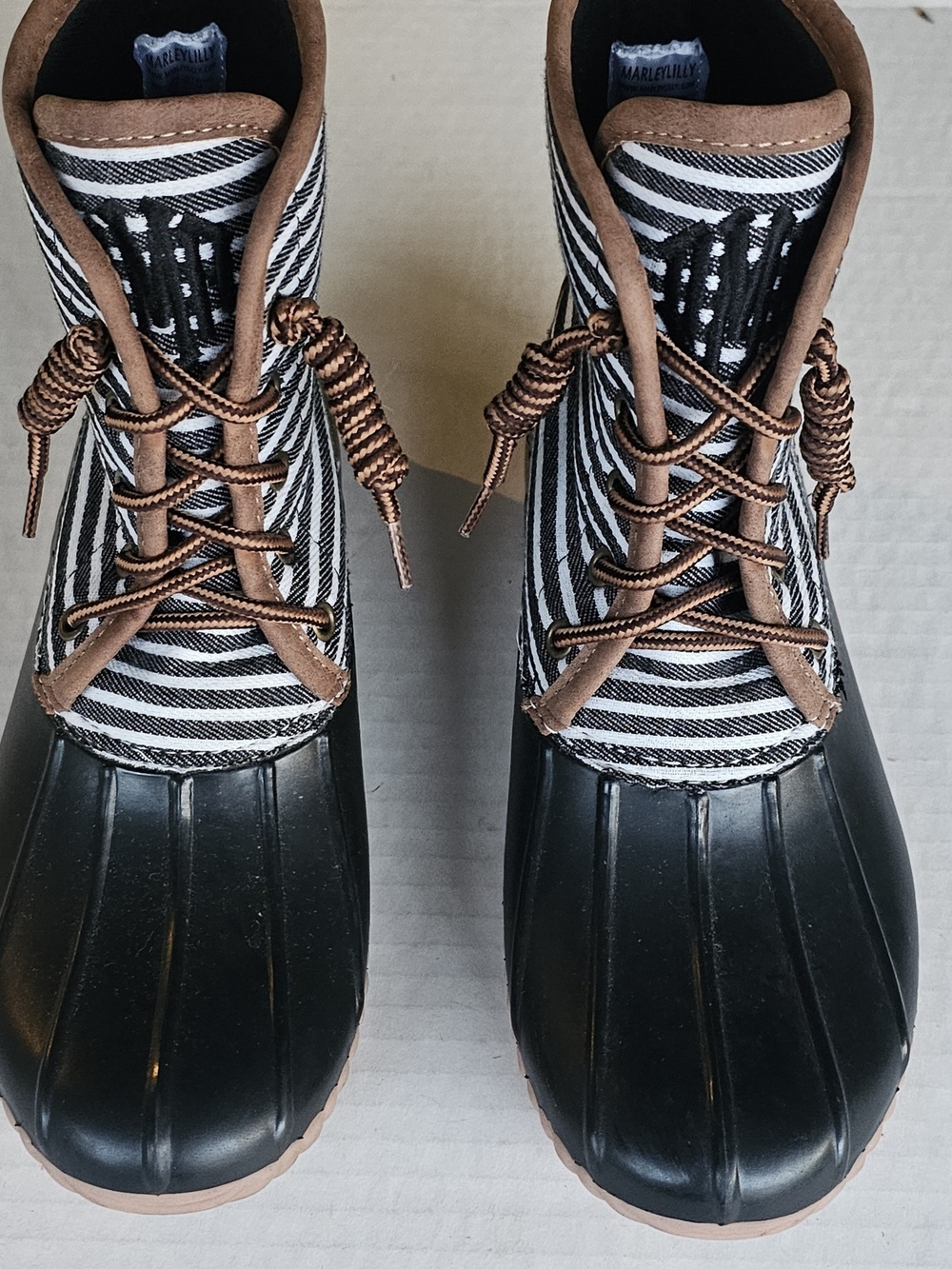 Water-Ready Striped Black & Brown Women's Duck Boots - Lace-Up Winter Rain